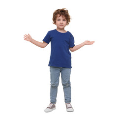 Portrait of cute little boy on white background