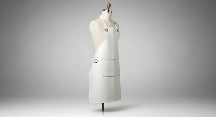 White utility work apron displayed on a mannequin in a studio setting