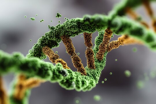 Green particle DNA double helix made of tiny spheres, a vivid molecular visualization for science