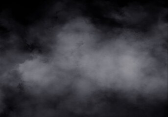 Dark, dramatic smoky cloud effect on black background for mysterious atmospheric texture, abstract mist overlay or spooky Halloween design element