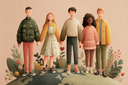 Diverse group of friends holding hands on a hill, surrounded by plants and warmth together