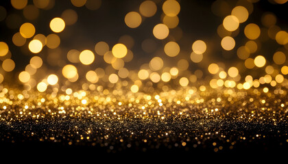 Golden Bokeh on Black Background, Abstract Glitter Light Effect with Soft Glowing Particles, Elegant Shimmer Overlay for Luxury Designs and Festive Visuals
