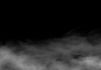 Thick white smoke and fog effect texture on isolated black background, dark abstract backdrop, mysterious spooky atmosphere, copy space for design