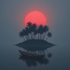 Tropical beach sunset with palm tree silhouettes over the ocean water