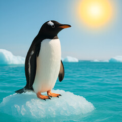 Obraz premium A stunning high-resolution photo of a cute penguin standing on a shimmering light blue iceberg under a bright yellow sun
