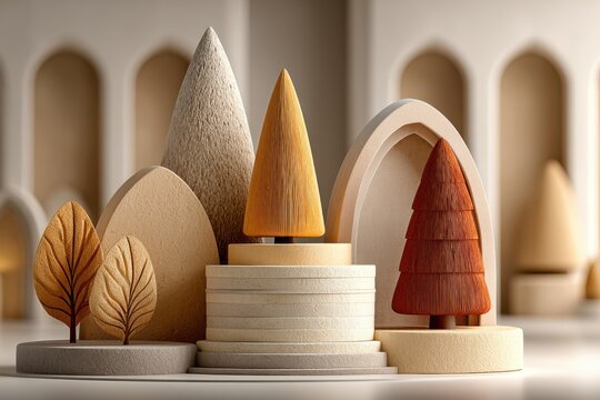 Minimalist geometric forest sculpture in neutral tones with layered trees and arches display