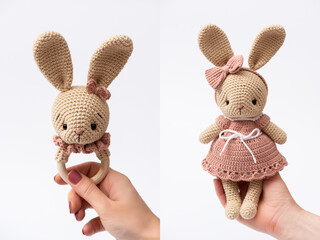 Handmade crocheted bunny toy, amigurumi. Handamde stuffed toys.