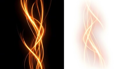 Abstract glowing light trails flowing energy lines on black and white backgrounds dynamic design ele