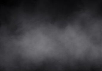 Realistic Dense White Smoke or Ethereal Grey Fog Overlay Texture against a Dark Black Background, Creating an Atmospheric and Mysterious Special Effect for Abstract Design Elements