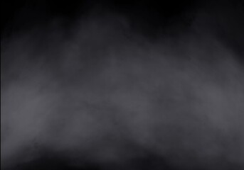 Thick dense mysterious smoke, fog, or mist texture in a dark gray and black gradient background, creating an abstract dramatic atmosphere for overlays and special effects.