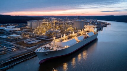 Fototapeta premium As twilight descends, a modern LNG cargo ship rests at the dock near a bustling terminal. The industrial site glows warmly against the darkening sky, reflecting on the still water