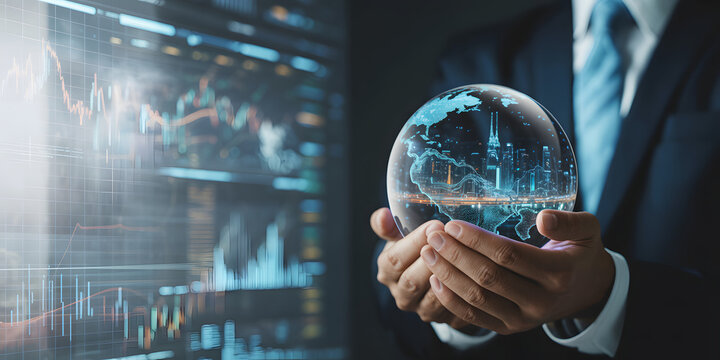 A businessman's hand touches a virtual world map interface representing global business technology and digital communication