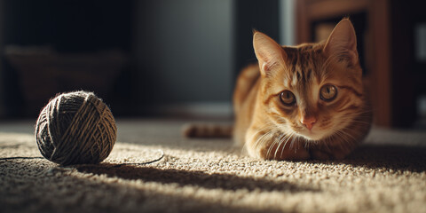 Orange cat lying on a carpet and watching a ball of yarn in warm indoor light