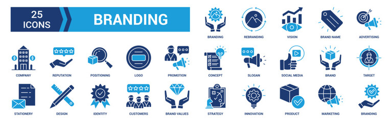 Branding icon set. Containing marketing, product, brand value, design, logo, brand development, social media, advertising and loyal customers icons. Solid icon collection.
