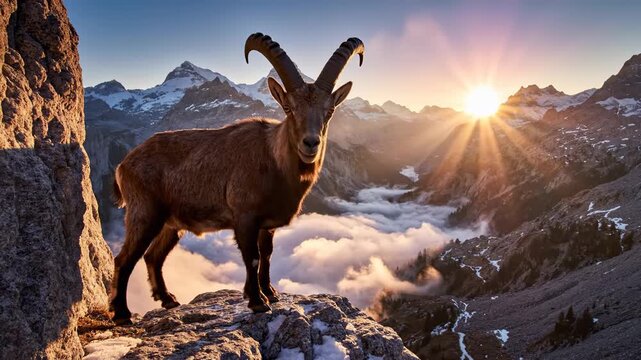 Un bouquetin majestueux debout sur une falaise rocheuse dans les Alpes fran&ccedil;aises au lever du soleil, avec de la brume qui entoure les montagnes.	