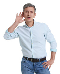 Fototapeta premium Man showing hand to ear gesture on white background