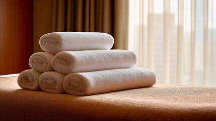 Soft towels are neatly stacked on a warm-colored treatment table in a spa room filled with natural light. A calming ambiance invites guests to unwind and rejuvenate