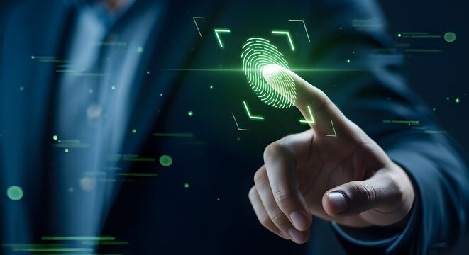 Man touching glowing green fingerprint scanner for digital security and biometric authentication - Powered by Adobe