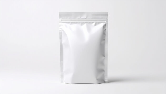 Blank White Stand Up Pouch Packaging Mockup, Blank white stand-up pouch packaging mockup, realistic food and beverage bag, isolated on white background, ideal for branding, advertising, product