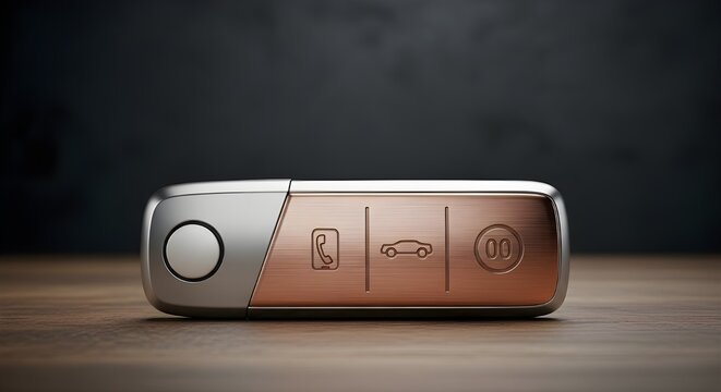 Modern luxury car key fob with chrome and rose gold finish on wooden surface - Powered by Adobe