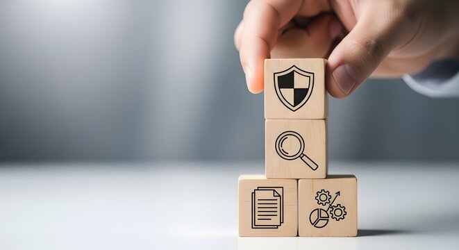 Hand stacking wooden blocks with security shield search magnifying glass and document icons representing data protection and verification