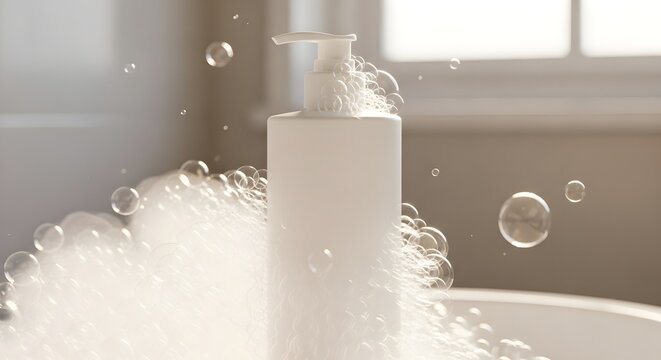 Indulge in pure relaxation with this modern soap dispenser surrounded by fluffy bubbles ready to cleanse and pamper your skin in a luxurious spa setting