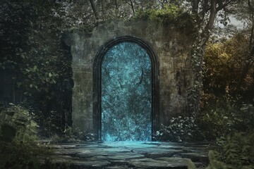 Obraz premium Door to the future, future ancient time portal, portal door, door in nowhere