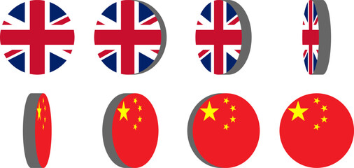 Obraz premium 3D Style 8-Frame Sprite Sheet of Rotating Round Circular United Kingdom and China Flags for English and Chinese Language Selection 2D Animation in Game and App Interface. Vector Image.