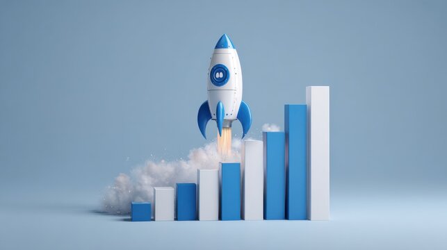 Rocket launch from rising bar chart showing business growth