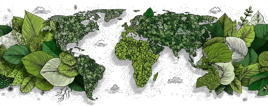 Green Earth Day banner design: plant world map made of lush leaves and foliage - Powered by Adobe
