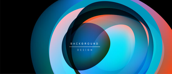 Abstract layered circles create dynamic visual effect. Vibrant colors blend, forming tunnel illusion. Modern design element.