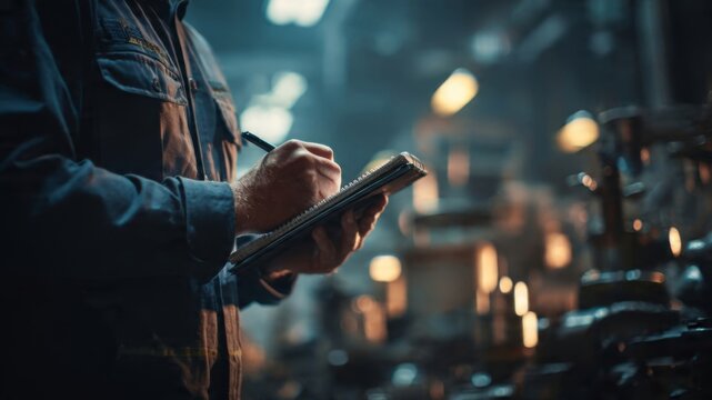 Industrial engineer inspecting machinery in a factory notepad in hand soft light cinematic warm metal tones