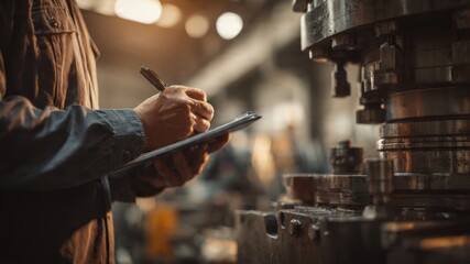 Industrial engineer inspecting machinery in workshop with notepad soft lighting cinematic composition