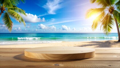 Obraz premium Summer product display on wooden podium at sea tropical beachSummer product display on wooden podium at sea tropical beach
