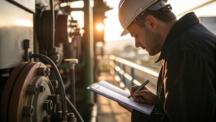 Industrial engineer inspecting machinery at sunset notebook in hand cinematic warm backlight industrial environment