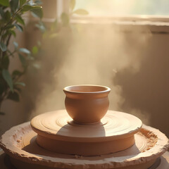 Pottery wheel with clay pot being shaped in soft sunlight  