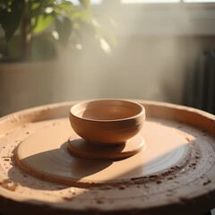 Pottery bowl drying on potter's wheel in natural light