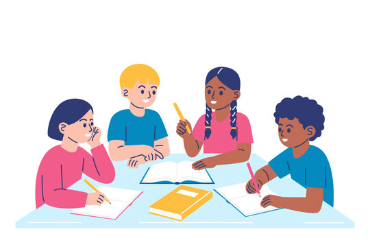 Group of diverse children studying and working together at a table