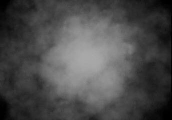 Abstract White Smoke or Fog Puffs on a Dark Black Background with Central Brightness, Ethereal Atmospheric Texture Overlay Effect