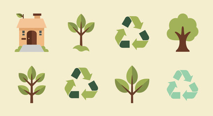 Environmental icons: house, trees, recycle symbols, and leaves.