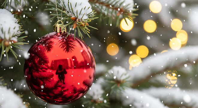 Close-up of a red bauble reflecting a snowy scene, hanging on a snow-covered fir tree with bokeh lights in the background - Powered by Adobe