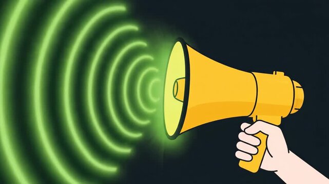 A cartoon hand holds a yellow megaphone emitting bright green sound waves symbolizing a loud announcement alert or important public message on a dark background