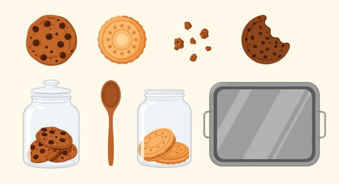 A collection of various cookies, jars, a spoon, and a baking tray on a light background.