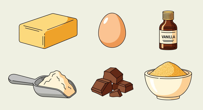 Illustrated collection of common baking ingredients like butter, egg, vanilla, flour, chocolate, and sugar.
