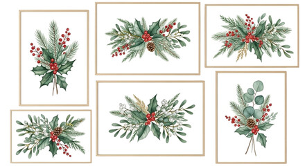 Watercolor Christmas Greenery Arrangement Set – Holly, Pine & Berries © Ruwani