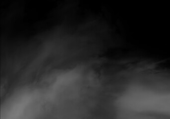 Realistic white smoke or dense fog effect on a solid black background, creating an ethereal and mysterious atmospheric texture with flowing, swirling grey clouds.