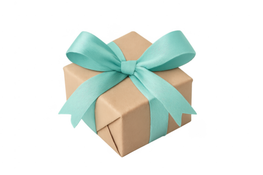 Gift box wrapped in brown paper with teal ribbon