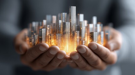 Hands holding a miniature cityscape with glowing skyscrapers, symbolizing urban development and innovation, showcasing the concept of future architecture and sustainability