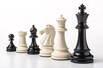 Strategic chess pieces alignment on white background for corporate planning and business intelligence insights, strategy and competition vision