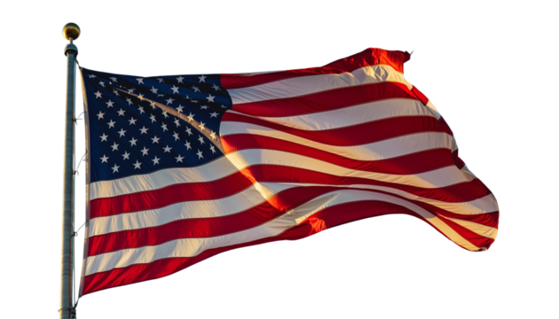 United States flag waving strongly, isolated on white background, stars and stripes, patriotic American symbol, freedom and national pride, outdoor banner flying in wind, USA emblem